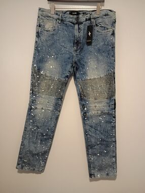 Spark Mens Size 42x32 Splashed Painted Stretch Slim Straight Jeans